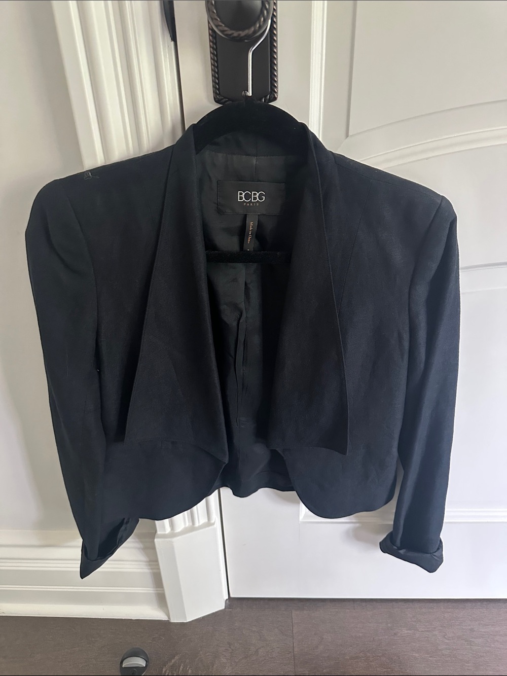 BCBG Black Cropped Draped Open-Front Blazer